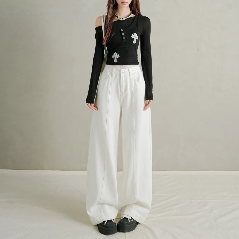 

Женские классические дизайнерские джинсы с высокой талией, женские корейские белые прямые джинсовые брюки, женские широкие длинные брюки Дазан