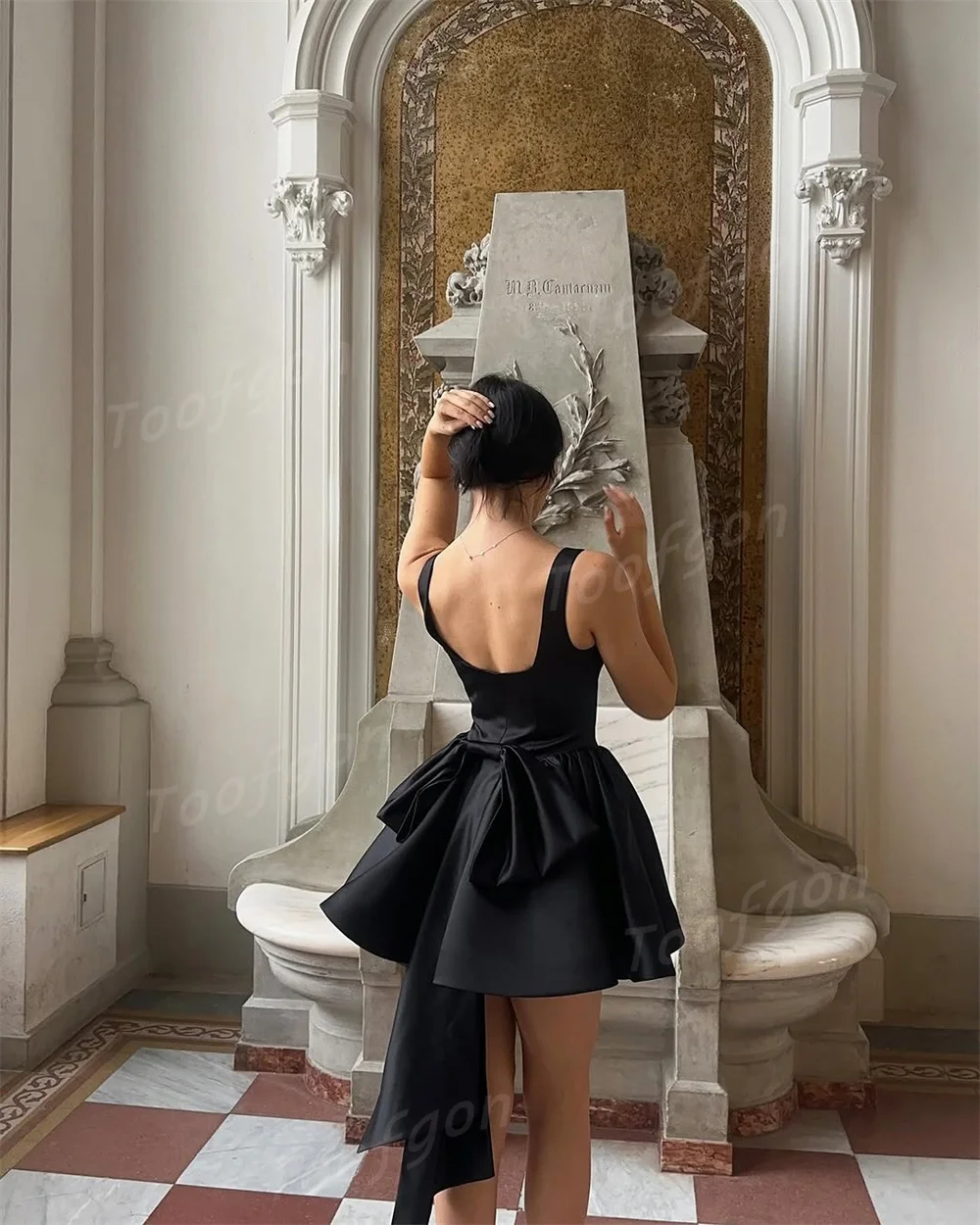 Toofgon U Neck Black Short Mini Evening Dresses Customized Satin A Line Wide Strap Prom Dress Women Above Knee Formal Party Gown