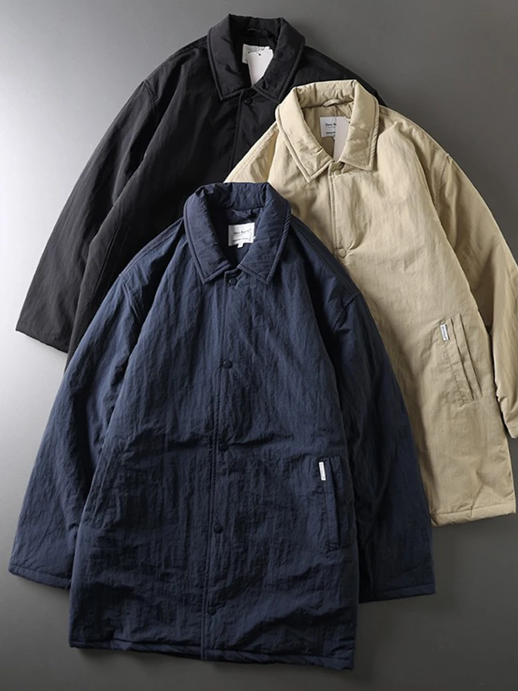 Japanese Style Thickened Cotton Jacket Men's Winter Coat Long Sleeve Youth Casual Fashion Water Resistant Pure Color Coat