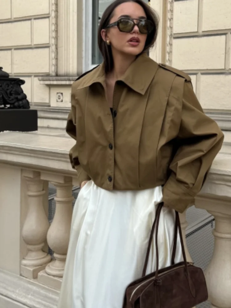

Chic Pleated Women's Jacket Casual Lapel Collar Single-breasted Female Short Coat Spring Solid Lady Pockets Streetwear 2025 New