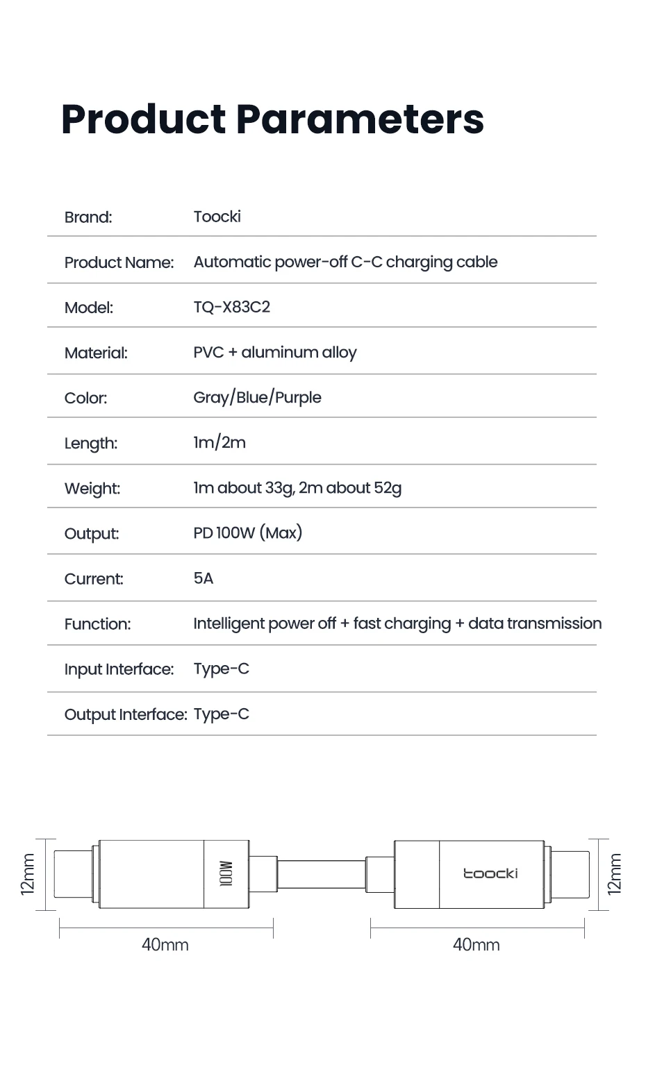 Toocki 100W USB-C-auf-USB-C-Kabel mit automatischer Abschaltung, PD3.1, QC4.0, Schnellladekabel für MacBook, iPhone 16, 15, Samsung S23, S24, Huawei. – Detail 14