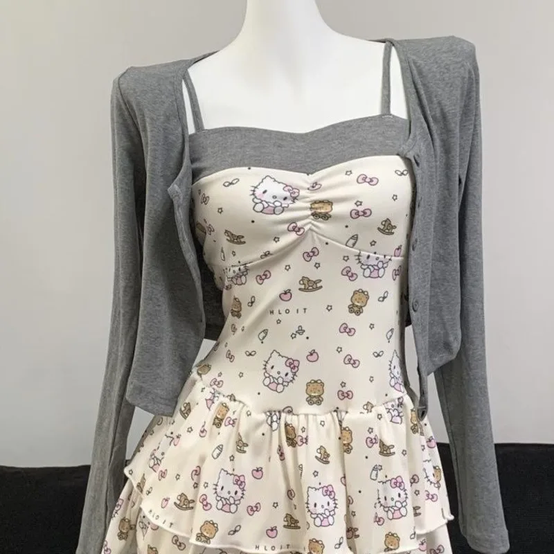 Set Rok 2 Potong Slim Fit Bunga Hello Kitty Manis Baru Musim Panas untuk Wanita Gaun Tali Gaya Elegan Bercinta Pinggang & Atasan Kardigan