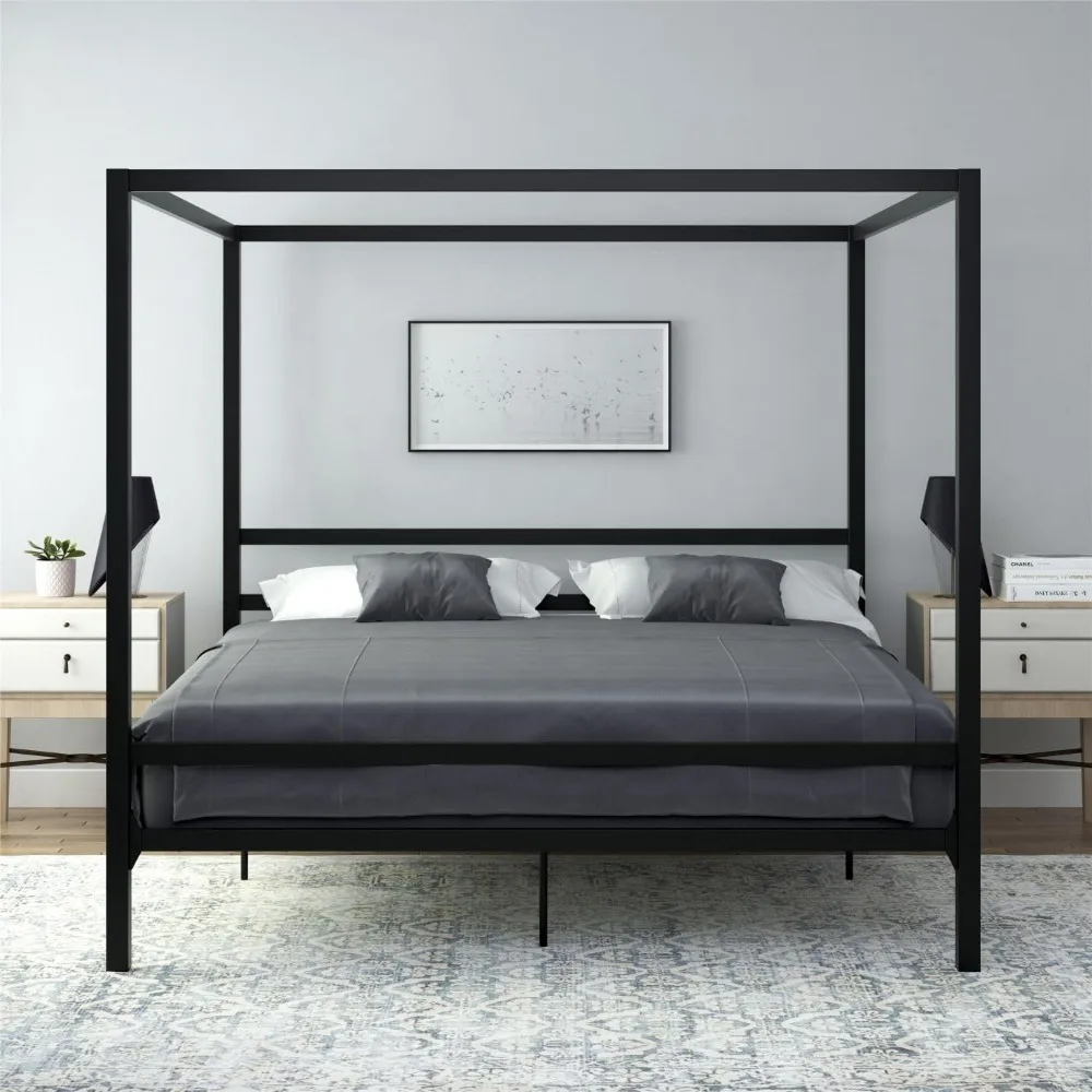 Modern Metal Canopy Platform Bed with Minimalist Headboard and Four Poster Design, Underbed Storage Space