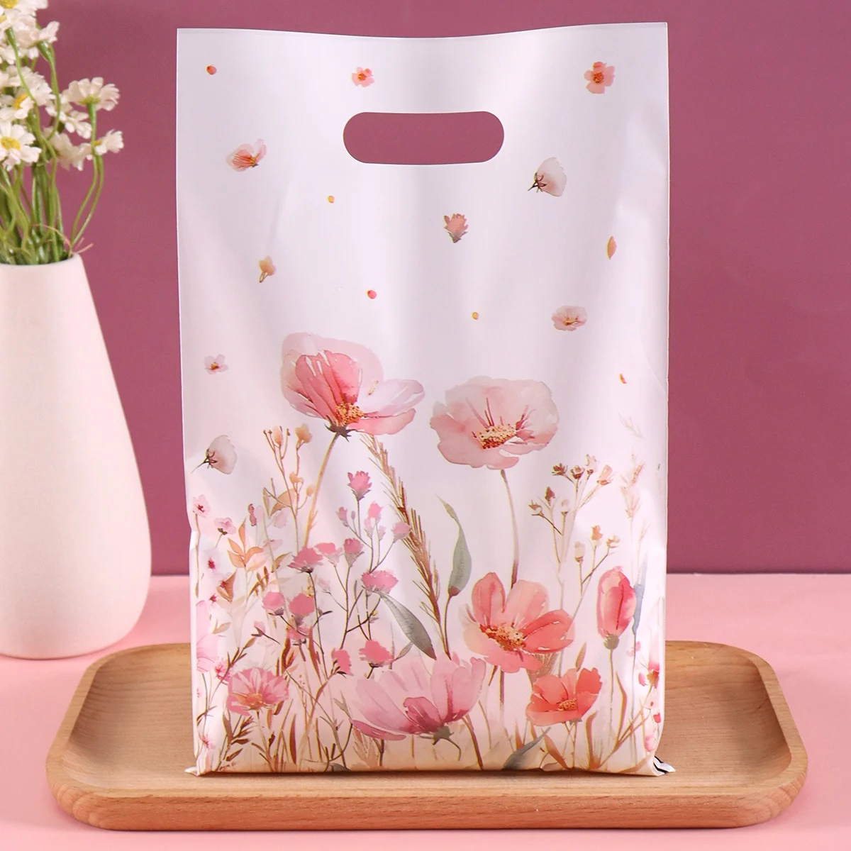10/20/50 Stück rosa Blumen-Geschenktüten aus Kunststoff mit gemischtem Blumenmuster für Frühling, Sommer, Feiertage, Geburtstagsfeiern, Dekorationen – Detail 6