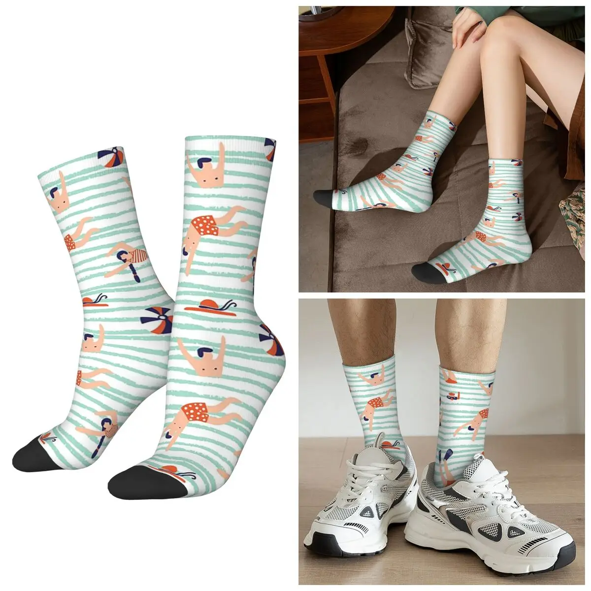 All Seasons Cartoon Swimming In The Swim Pool Socks Harajuku Sport Middle Tube Socks Hip Hop Stockings for Valentine's Day Gifts