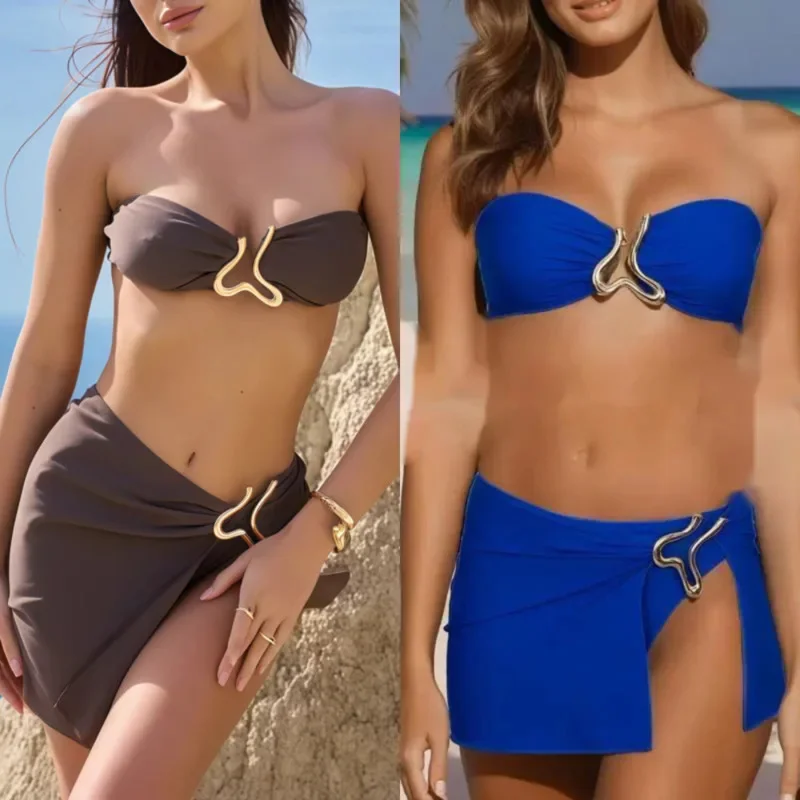 Gathering U-shaped Bikini Swimsuits 2 Sets Gold Beachwear Summer Eur America Big Chest 2025 Sexy Light Luxury BIKINI 2 Suit New