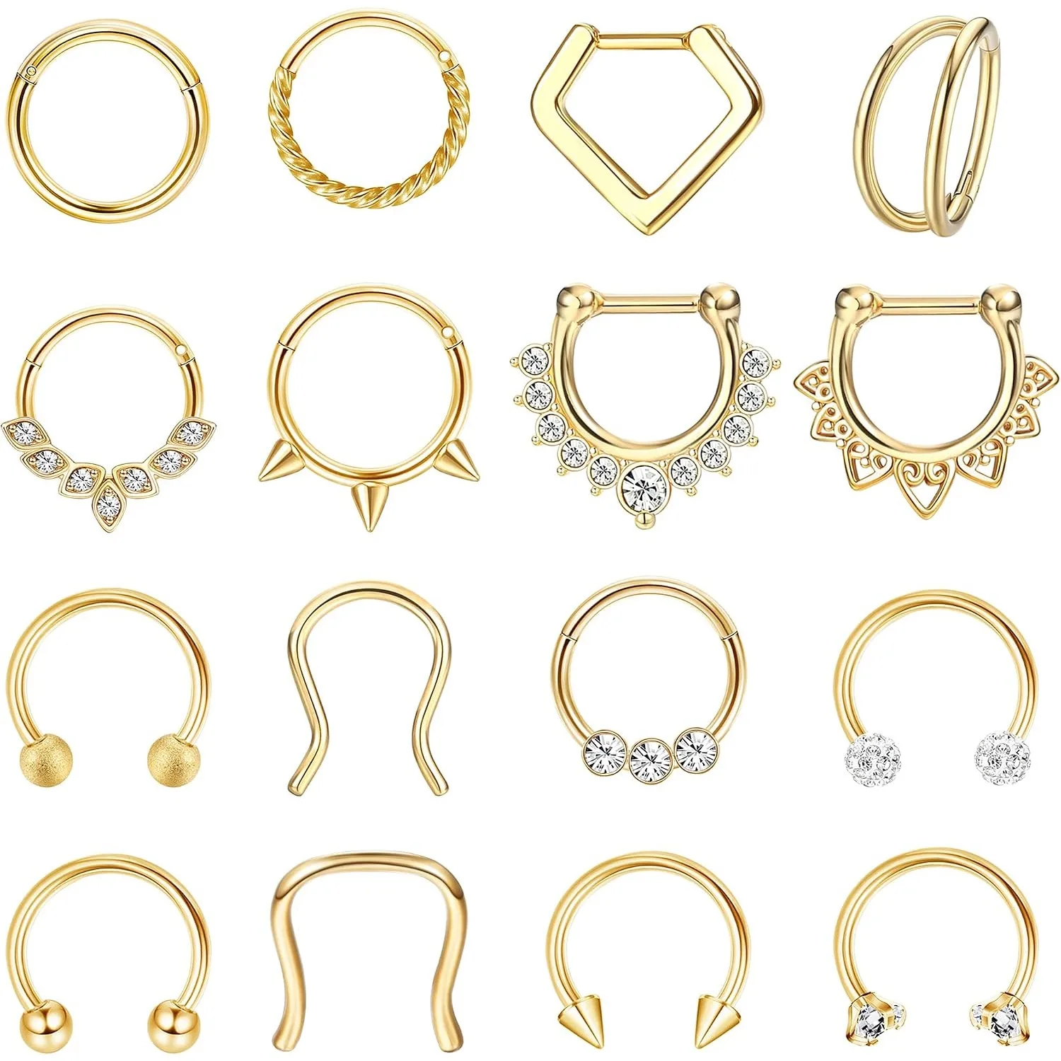 16 Pcs Septum Rings 16G for Women Men Surgical Steel Nose Rings 8MM Hypoallergenic Clicker Hinged Tragus Helix Daith Piercings Jewelry Horseshoe Nose Rings Lip Cartilage Hoops Set