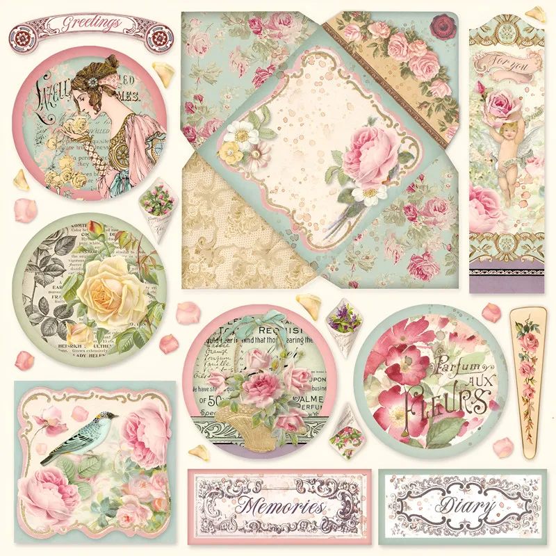 Retro Pink Rose Flower Stickers DIY Scrapbook Collage Stationery Deco Junk Journal Bottle Label Tag Photo Album Stickers