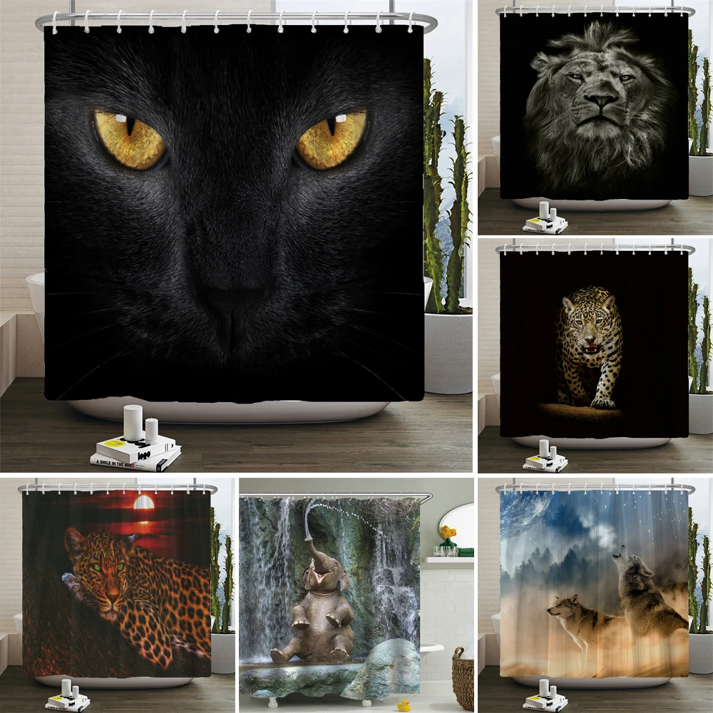 Animals printed lion, tiger, cat,Elephant,3d Bath Curtains Waterproof Polyester Cloth Washable Bathroom Shower Curtain with Hook