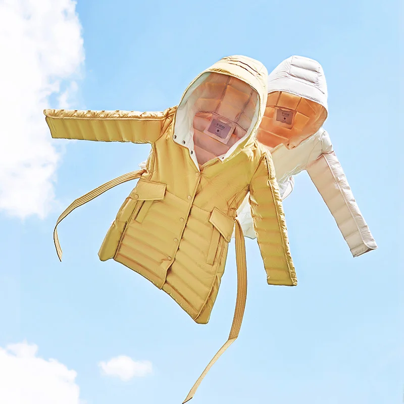 Chericom Women's Mid-Length Down Jackets Belted Lightweight High-neck Hooded Puffer Coats Warm Winter Padded Jacket Y258103Y