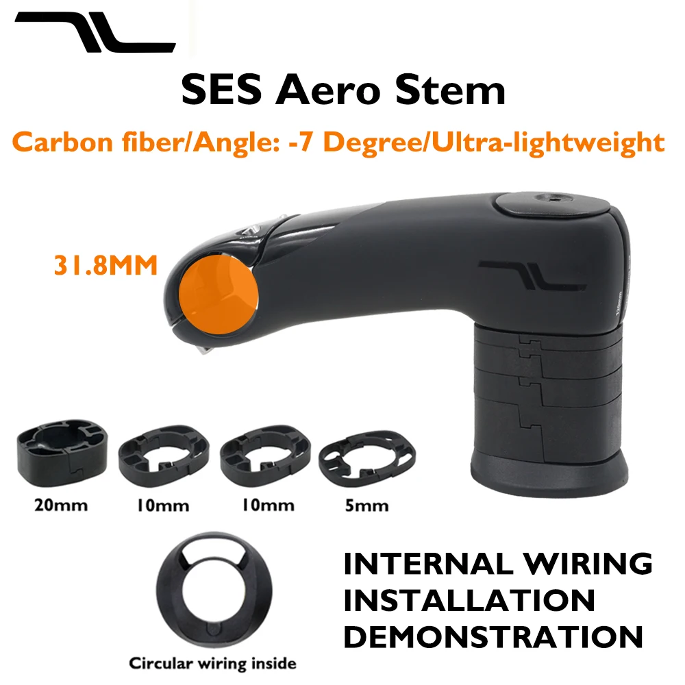SES Aero Carbon Fiber Stem, Road Bike Stem, Internal Cable Routing, -7° Angle, 80mm-130mm, Includes Bracket/Spacers Accessory