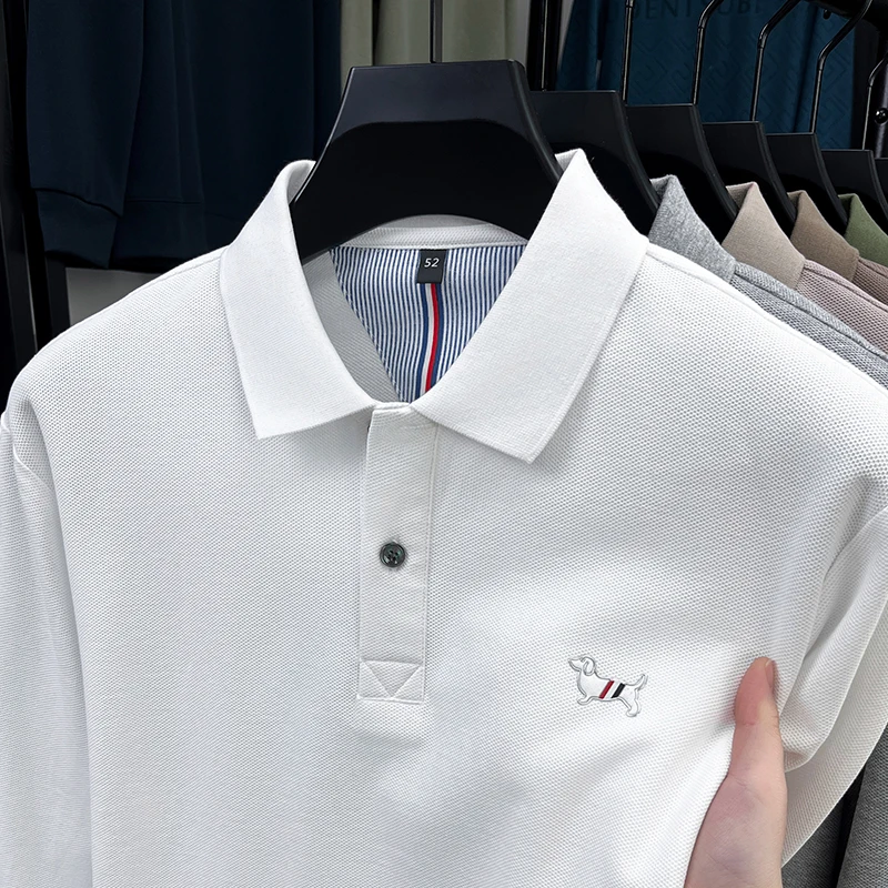 ضوء فاخر موضة 100% القطن الخالص قميص بولو الرجال بأكمام طويلة 2025 الخريف منتج جديد منتصف العمر أبي طوق قاعدة تي شيرت