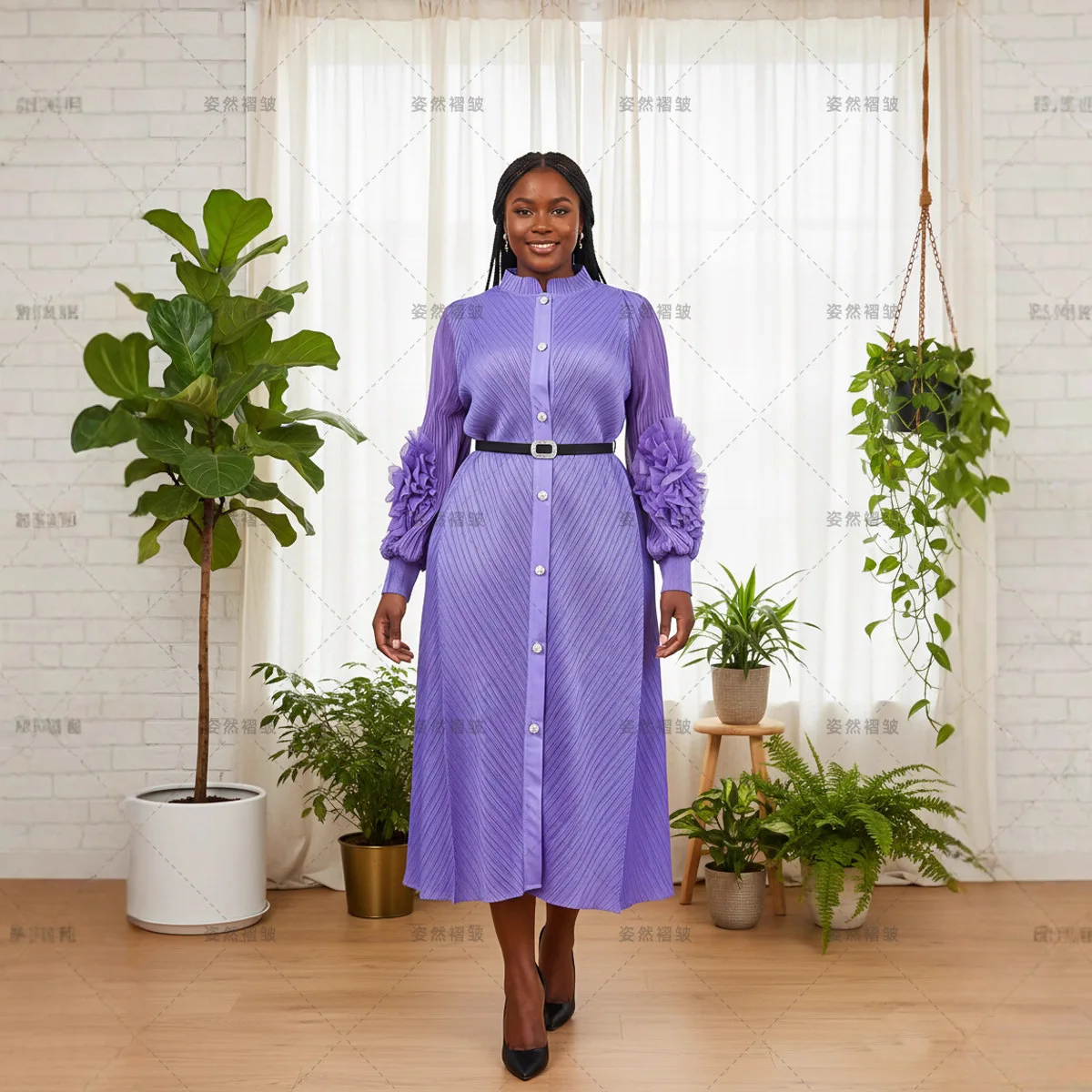 2025 African Temperament Women's Dress Miyake Pleated Hand-cranked Flower Shirt Straight Long-sleeved Skirt High-end Dress
