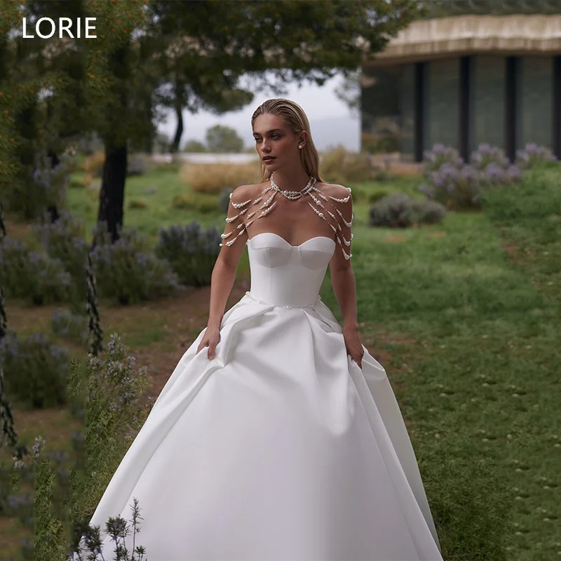 

LORIE Halter Pearl A-Line Wedding Dresses Strapless Pleat Bride Prom Gown Sleeveless Floor-Length Elegent Bridal Gown Customized