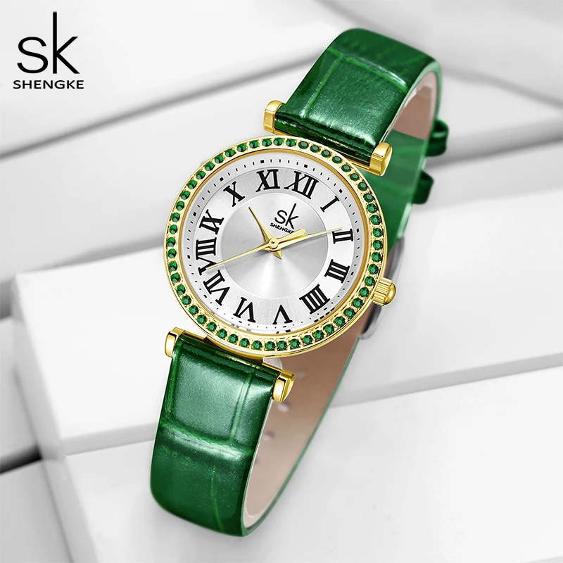 Shengke-Relógios de quartzo feminino com pulseira de couro, mostrador strass, luxo, moda, novo design