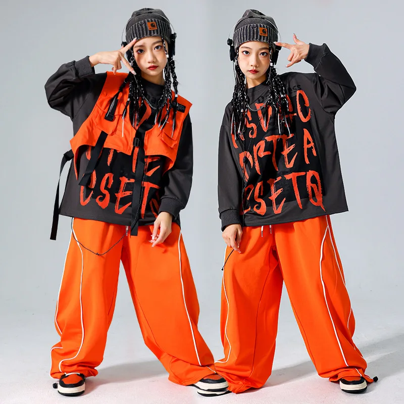 소년 힙합 세트 운동복 조끼 카고 바지 소녀 재즈 스트리트 댄스 의상 아동복 키즈 K-pop streetwear
