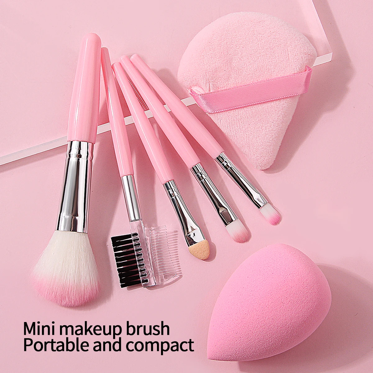 7個入りミニポータブルパウダーブラシ、チークブラシ、アイシャドウブラシ、メイクブラシセット＆ソフトメイクスポンジパフ