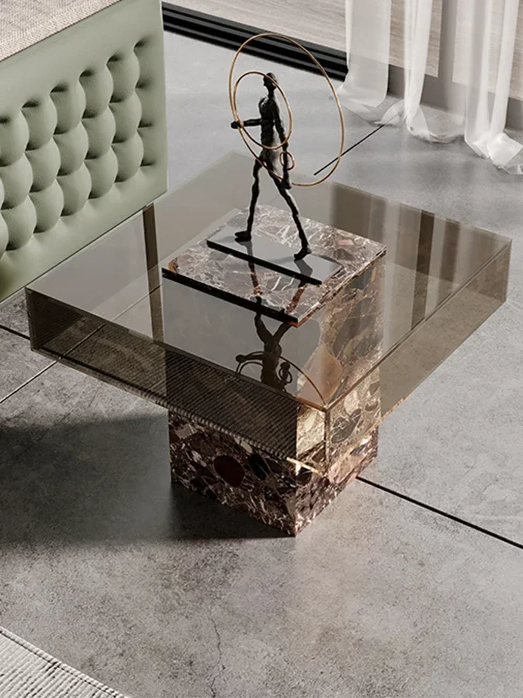 2003Light Luxury Stainless Steel Side Table Small Apartment Living Room Home Coffee Table Corner  Tempered Glass Side Table
