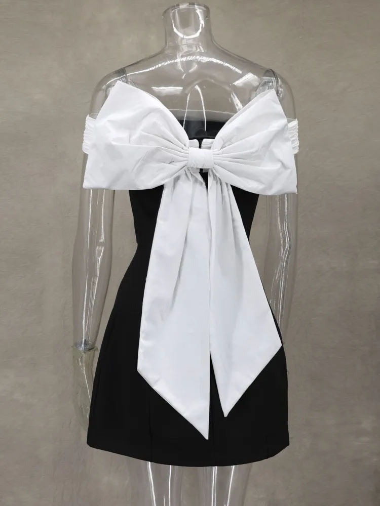 Mozision Bow Backless Sexy Mini Dress For Women Robe Elegant Off-shoulder Strapless Sleeveless A-line Club Sexy Dress Vestido