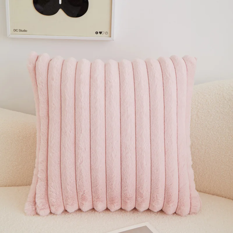 Solid Color Soft Plush Cushion Cover Faux Rabbit Fur Ribbed Pillowcase Sofa Office Decoration Square Pillow Cover Home Supplies