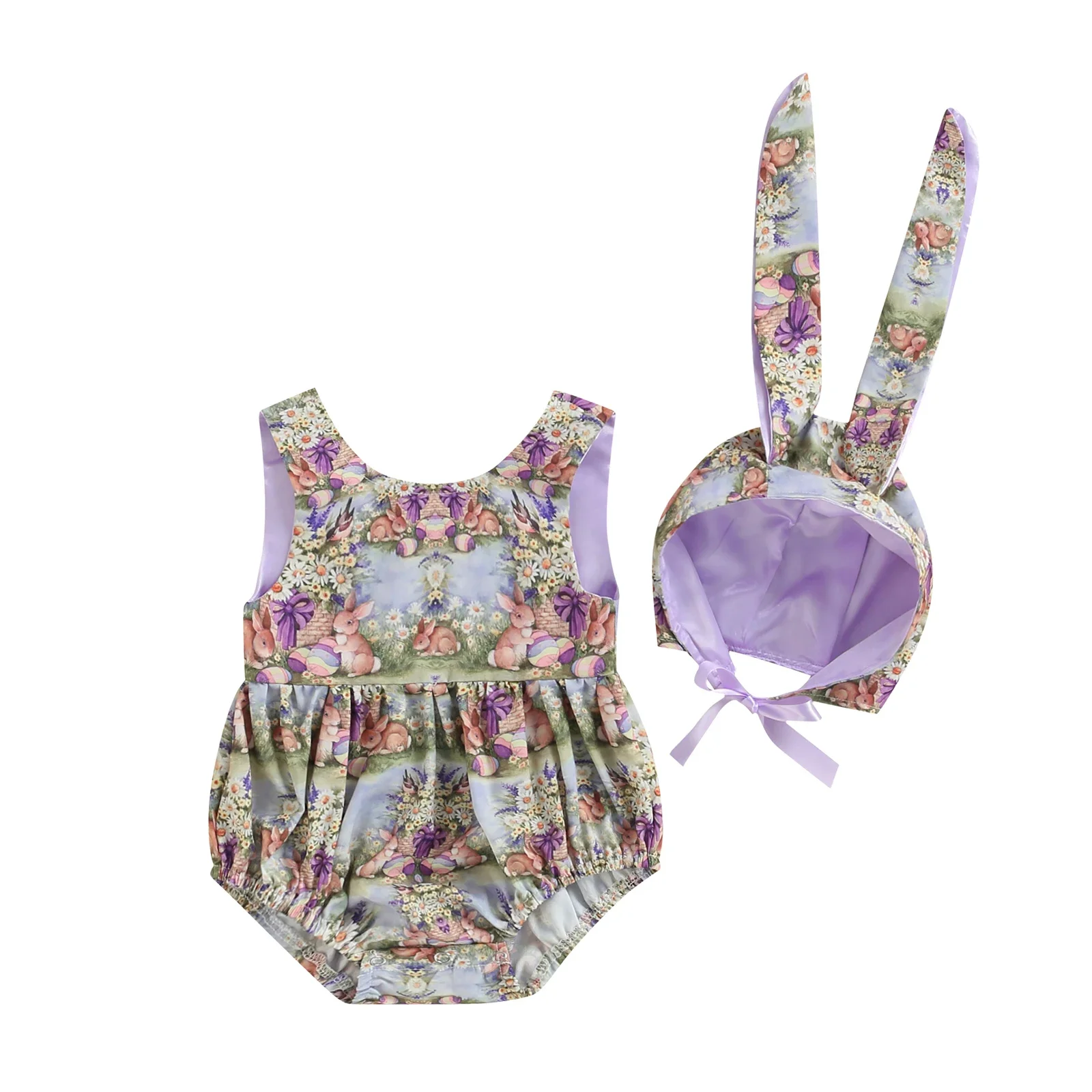 Infant Baby Girl's Two-Piece Suit, Easter Rabbit Print Sleeveless Round Neck Backless Romper + Tie-Up Hat