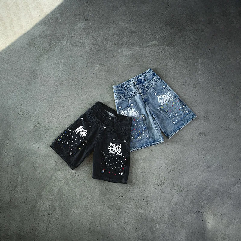 

Vintage Fashion Graffiti Printing Colorful Rhinestone Patche Casual Washed Denim Shorts Y2K Men Women High Waist Punk Streetwear