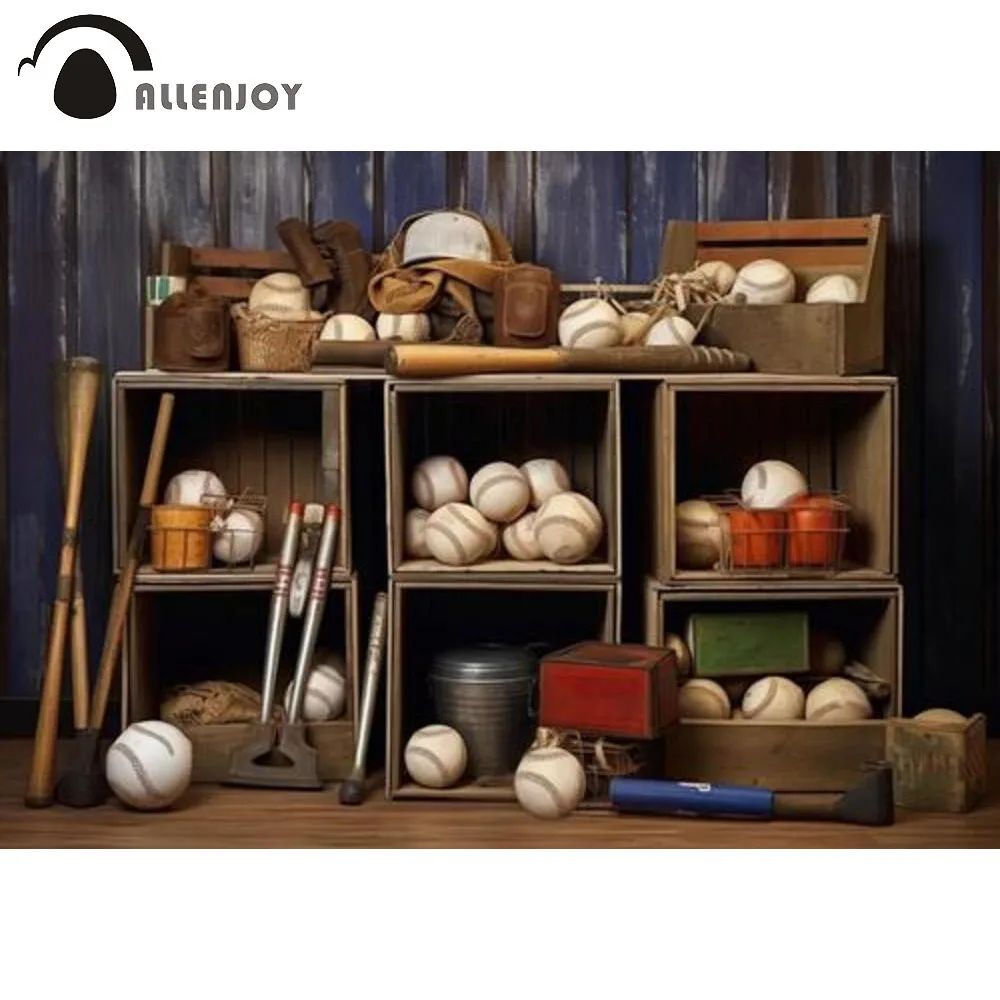 Allenjoy Baseball Wooden Box Photography Backdrop Baseballs Caps Storage Room Photoshoot Background