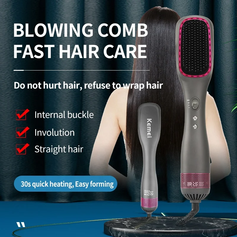 

Kemei Electric Hair Brush Multifunctional One-Step Hair Dryer Ion- Straightening Curling Iron Blower Comb Hot Air Styling Tool