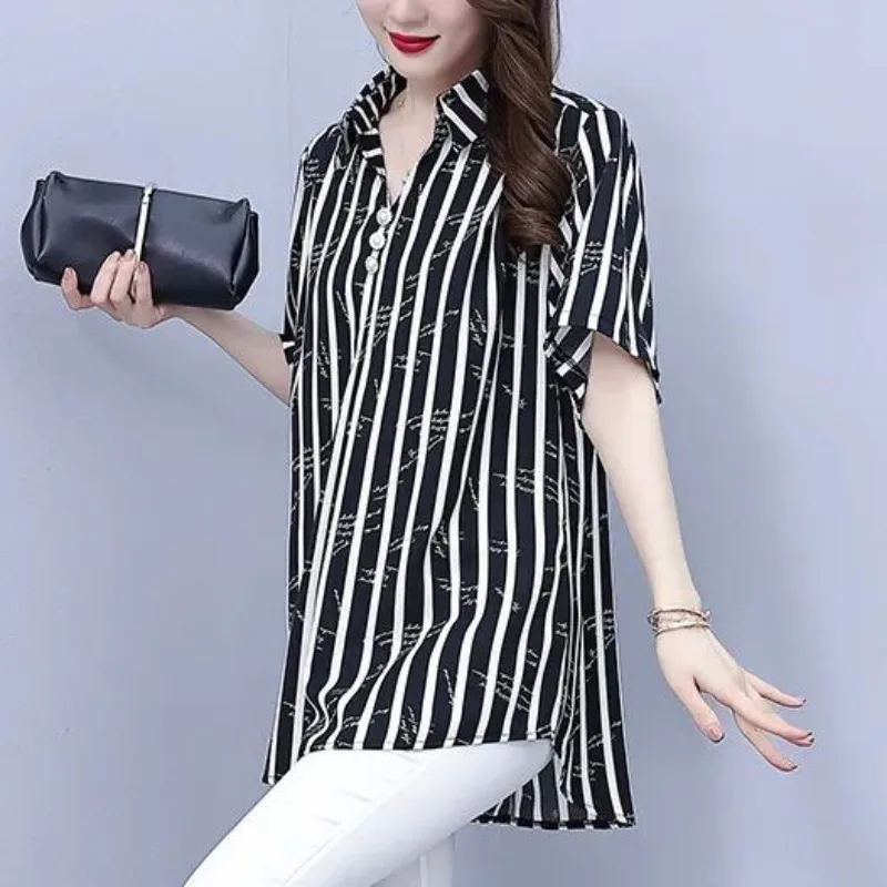 Korean Office Lady Summer New Shirts Women Polo Collar Button Striped Simplicity Versatile Loose Short Sleeve Mid-length Tops