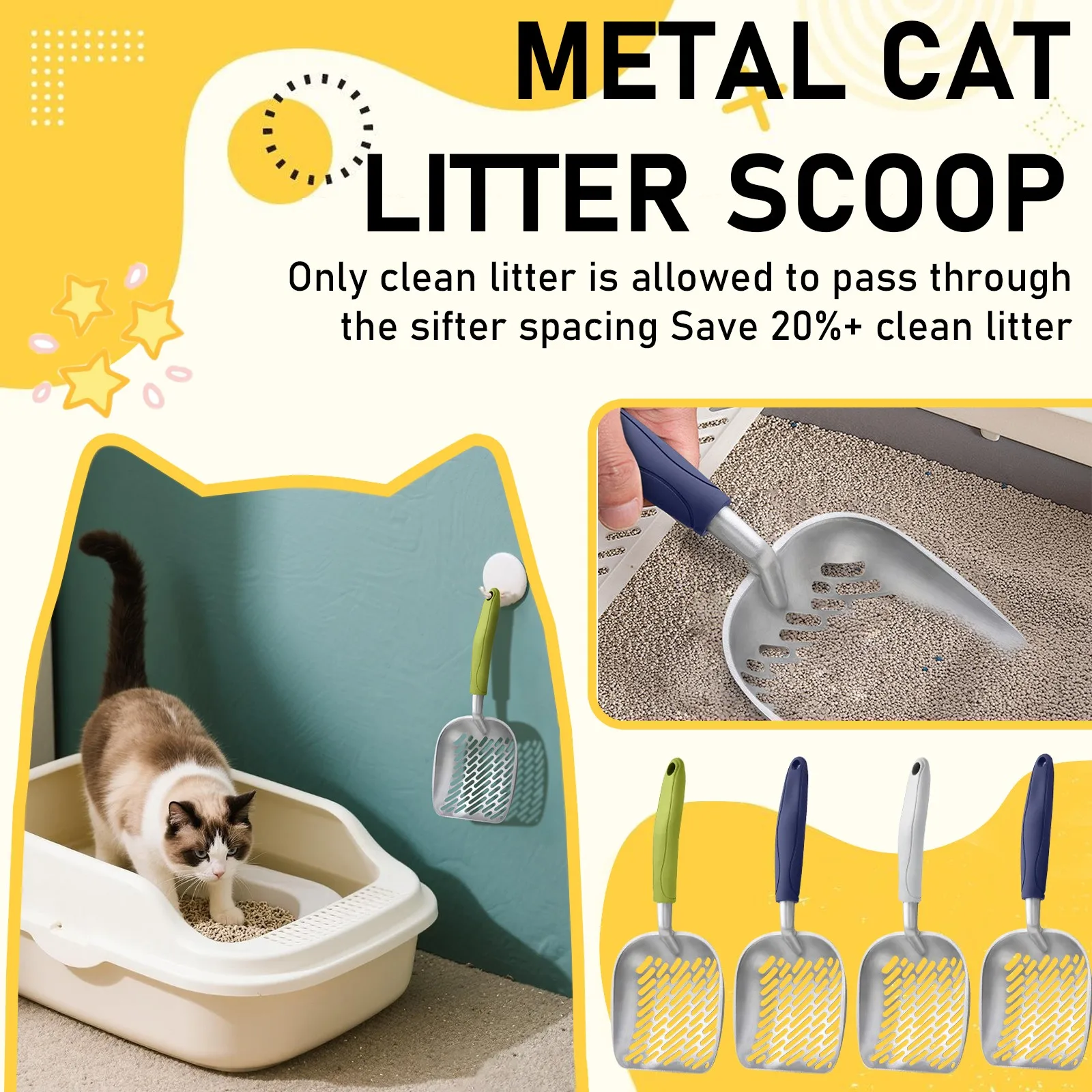Pet Cat Waste Shovel Long Handle Stainless Steel Metal Shovel Litter Filter Garbage Sand Scoop Pet Cleaning Tool Cat Supplies