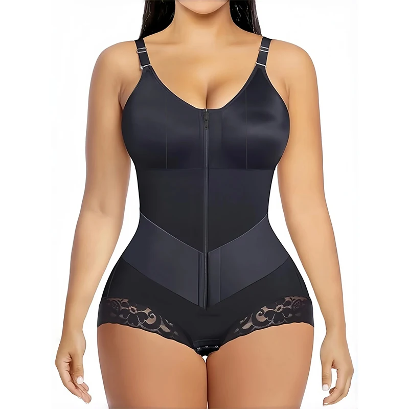 Bauchkontroll-Shapewear mit Verstellbaren Trägern für Damen, Fajas Bodysuit mit Frontreißverschluss, Spitzenbesatz, Po-Former, Anti-Roll-Silikon-Shaper