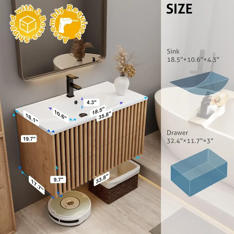 36 Floating Bathroom Vanity with Sink Combo Modern Wall Mounted Cabinet with 2 Fluted Drawers Undermount White Sink Faucet