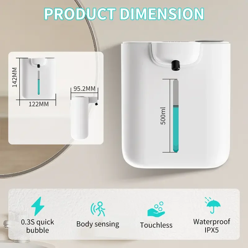 500ML Large Capacity 9-Levels Adjustable Foam/Liquid IPX5 Waterproof Electric Infrared Induction Automatic Sensor Soap Dispenser