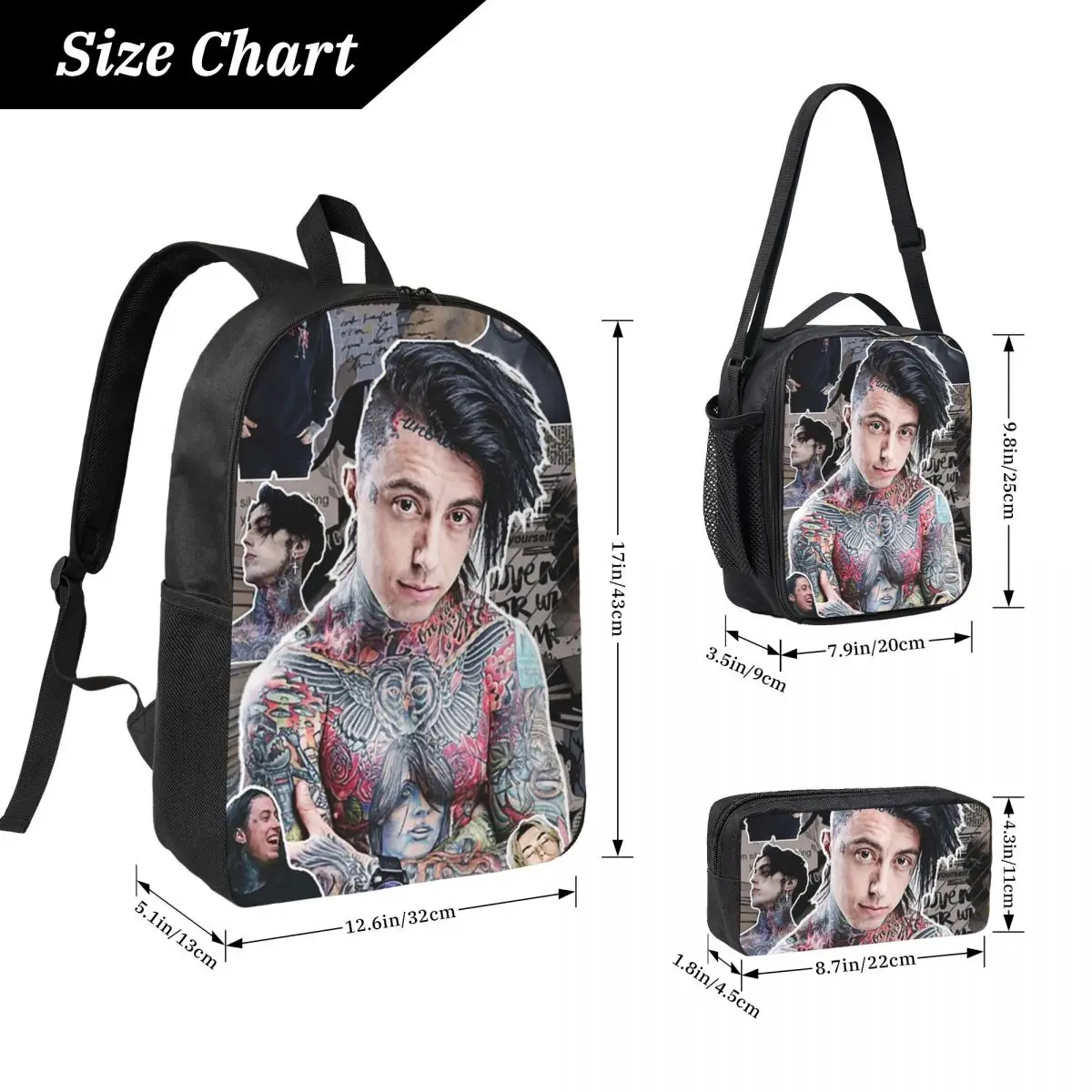 Ronnie Radke Photo Collage High Quality Backpack BookBag School Bag Computer Shoulder Bags 3ps Insulated Lunch Bag Pencil Case