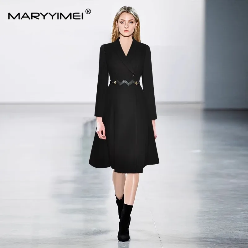 MARYYIMEI Fashion Autumn Winter Women\'s dress Single Button Lace up Simple Commuter Elegant Windbreaker Dresses