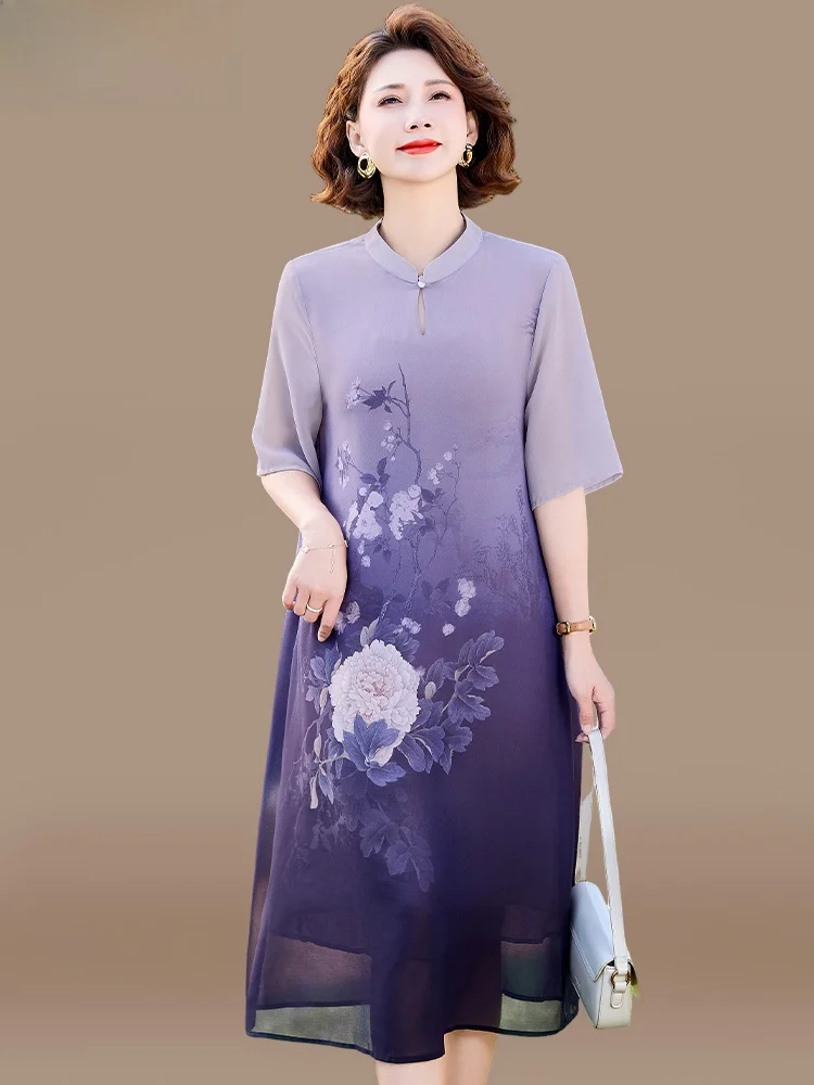 

Summer Fashion Midi Dress for Women over 50 Short Sleeve Silk Chiffon Qipao Style Loose Fit round Neck Large Flower Pattern