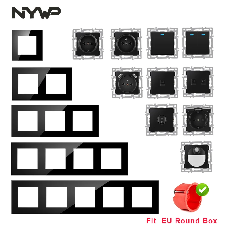 Nywp wall mount module diy European standard pc black panel socket switch button free combination function