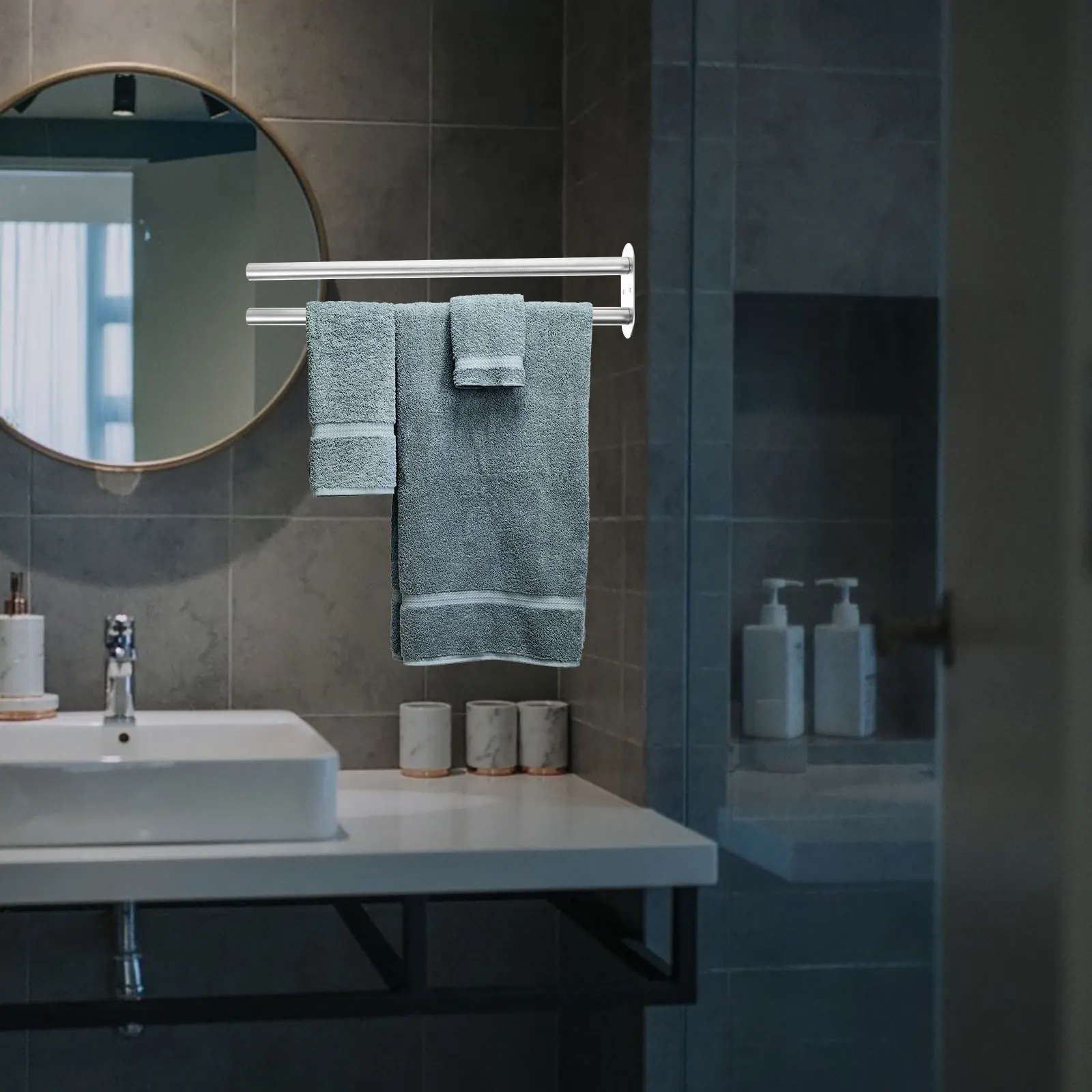 

Multifunctional Double Bar Towel Rack Stainless Steel Wall Mounted Bathroom Kitchen Space Saving Storage Shelf