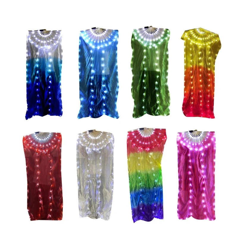 

1pc Led Light Up Belly Dance Fan Fan Polyester Silk Ollk Long Fan Fan for Festivals K2WE