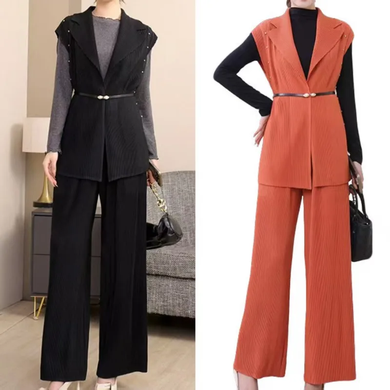 

Комплект плиссированных брюк Miyake, модные плиссированные плиссированные куртки, осень 2025 года, утягивающая куртка, черные брюки с прямыми штанинами, женский комплект из 2 предметов