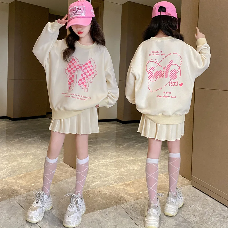 

1pc 2024 girls autumn white sailor plaid bow sweatshirt hooded top t-shirt dress teenager children clothes 4 8 9 10 11 12 year