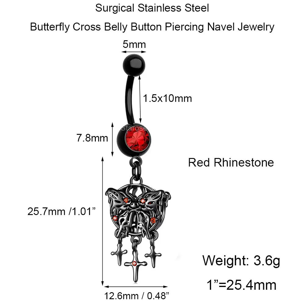 Starbeauty New Punk Butterfly Navel Piercing Ombligo 14G Curved Bar Red Crystal Belly Piercing Cross Dangle Belly Button Rings