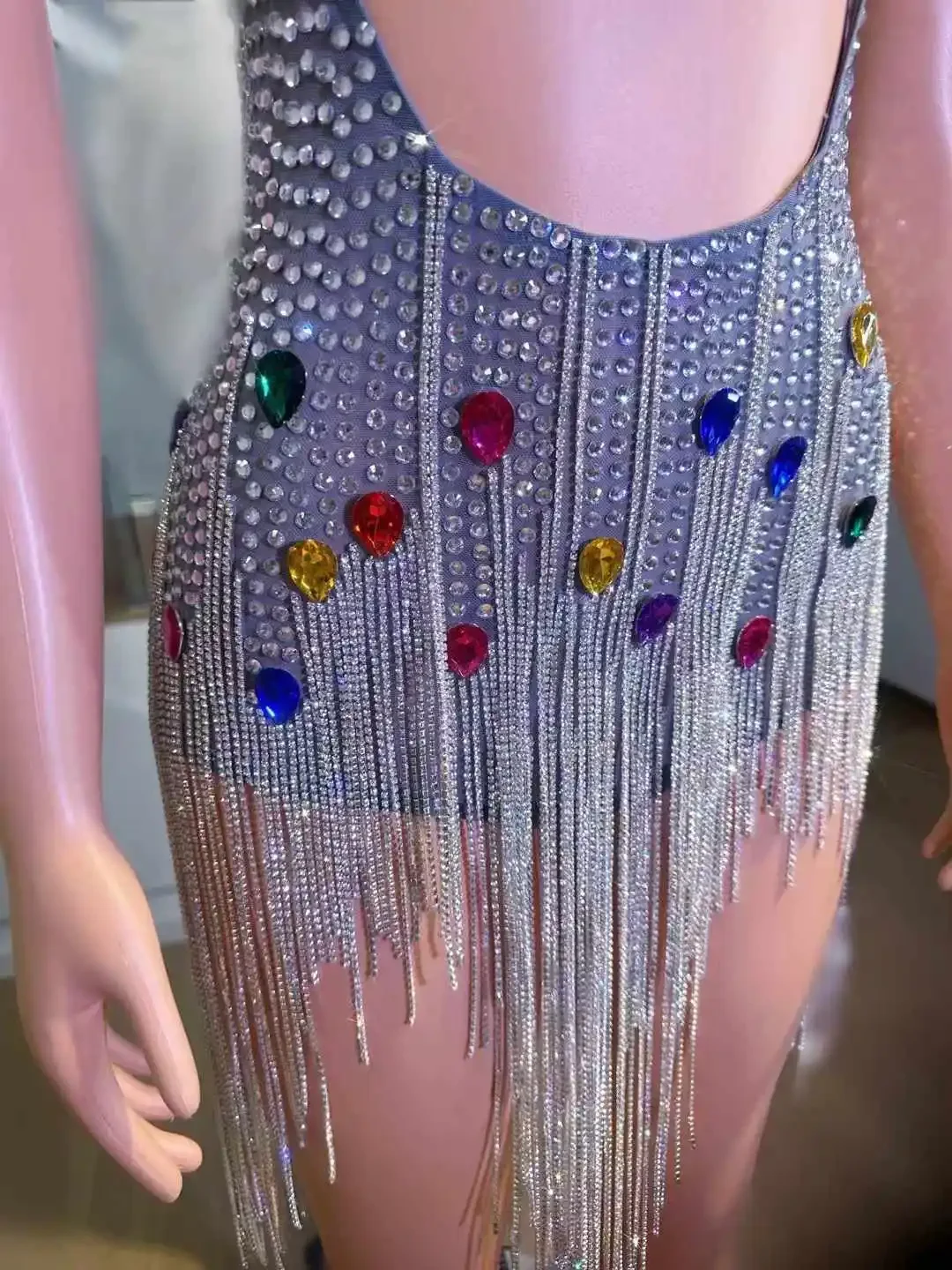 Glitter Sexy Backless Full Rhinestone Drill Chain Romper For Women Luxury Crystals Sleeveless Dressy Drag Queen Birthday Costume