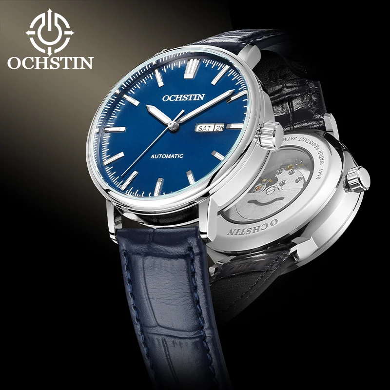 OCSHTIN Man Supple Rextured Leather Band Clock Reliable Automatic Self-winding Mechanical Movement Suitable Meetings Wristwatch