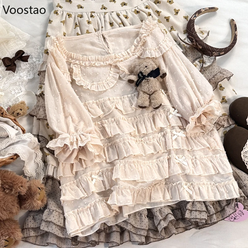 Japanese Sweet Lolita Style Blouses Women Y2k Aesthetic Bow Lace Ruffles Princess Cotton Shirts Girls Vintage Kawaii Cute Tops