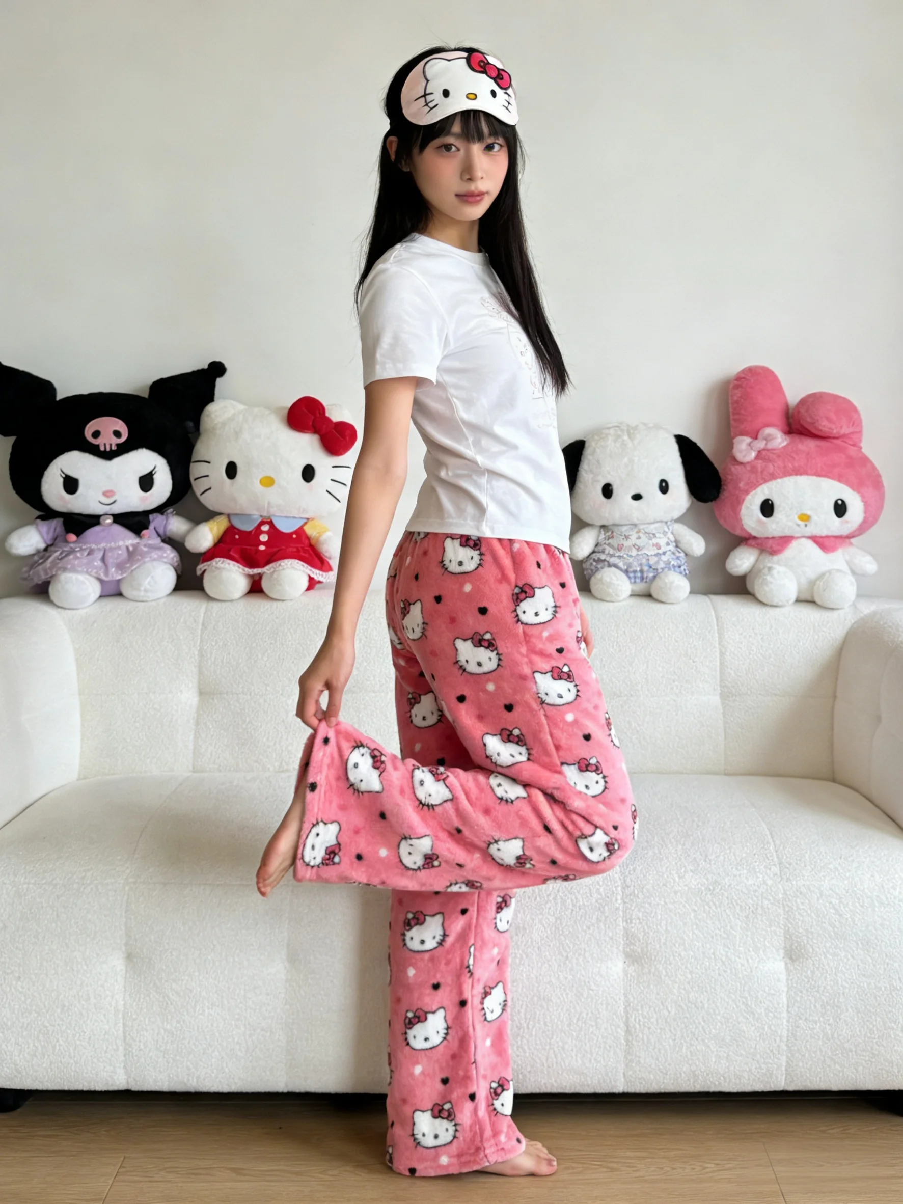 Hello Kitty Flannel Sleep Pants, Rose-colored Warm Lounge Pants, Stylish Strolling Pants for Parties! Ideal Holiday Gift! view 3