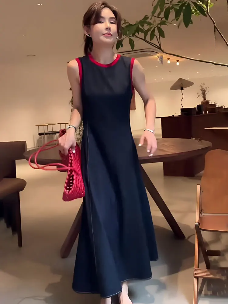 

Retro Color Blo round Ne Svel Denim Dr Casual Loose Women's Summer Lazy Vest Long Dr A-Line Skirt Sle