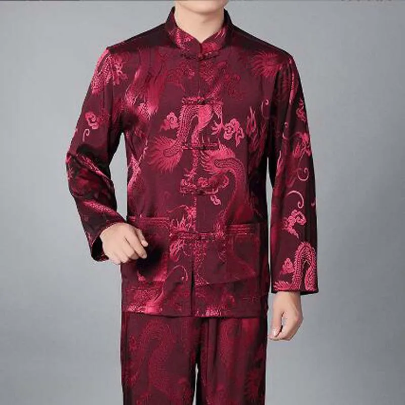 

Hot Sale New Chinese Traditiona Men Silk Satin Kung Fu Suit Tang Suit Sets Long Sleeve Jacket Pants Dragon Wu Shu Tai Chi Sets