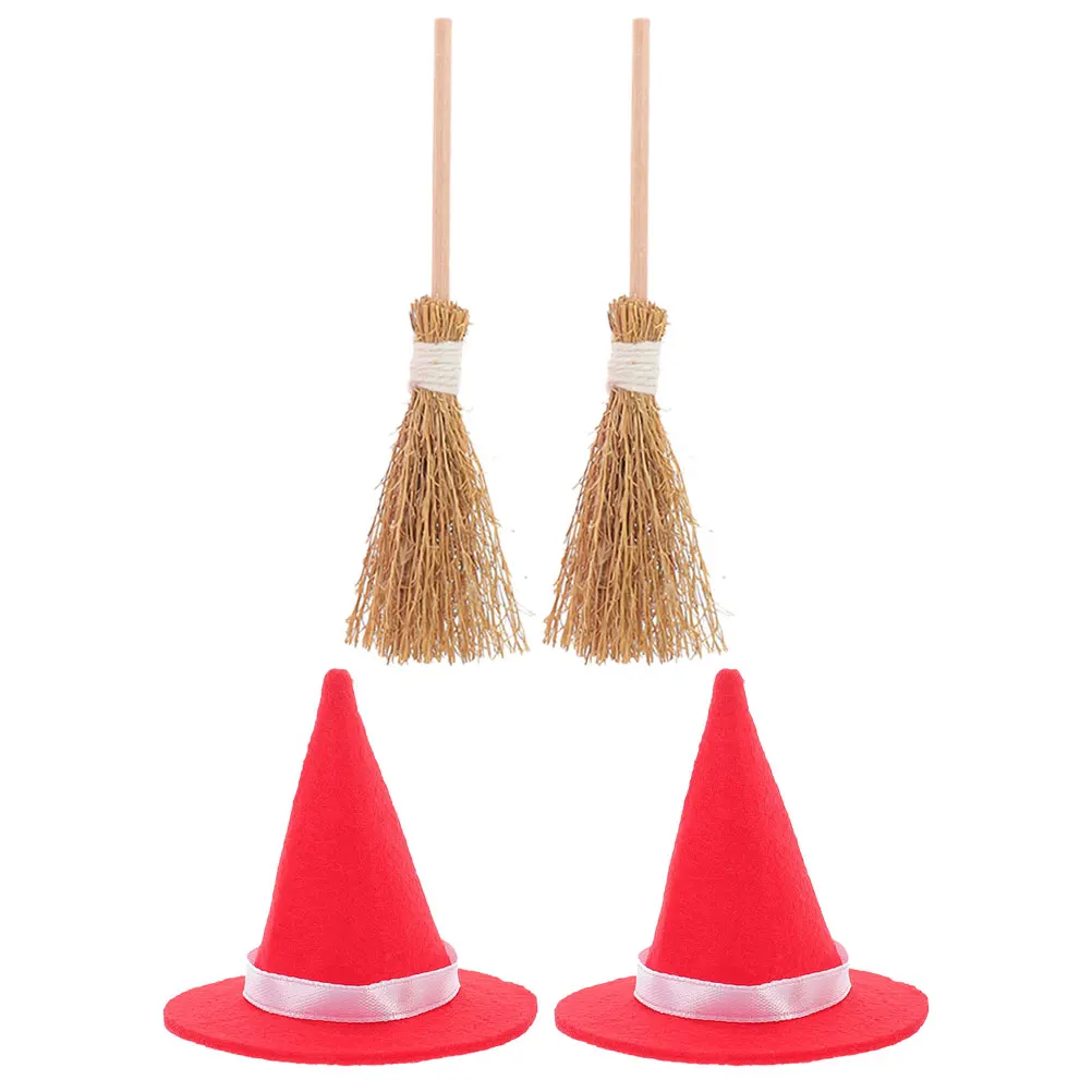 

Hat Set Halloween Miniature Hats Decor Miniature Hat And Broom Red Hats Small Brooms Mini House Crafts