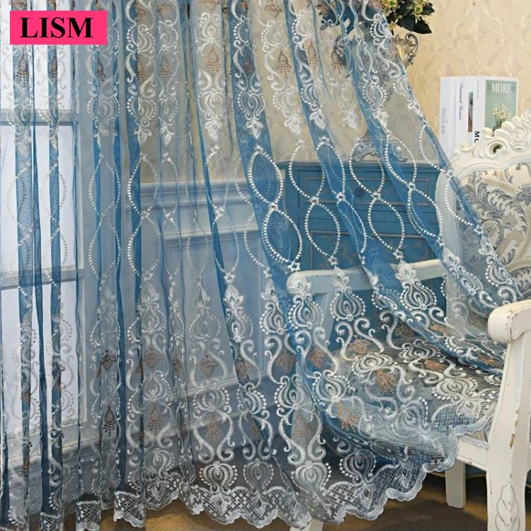 

Nordic Tulle Curtains for Living Room Bedroom Luxury Embroidery Cheap Sheer Voile Fabric Blue Lace Window Yarn Free Processing